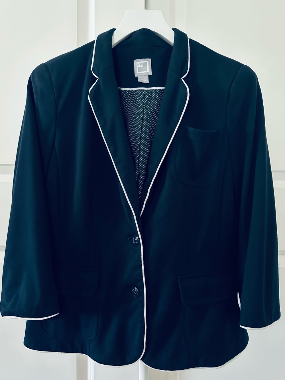 Women’s JCP 3/4 Sleeve Navy Blue Piped Blazer with White Trip Size L